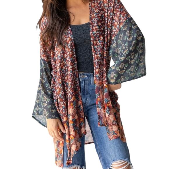 Natural Life Sierra Kimono Brown Floral Print Mid Length Long Sleeve Size L/XL - Picture 1 of 8